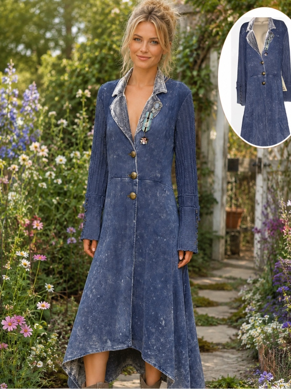 Aratta Captain General Blue Washed Long-Sleeve Midi Coat XL GB001